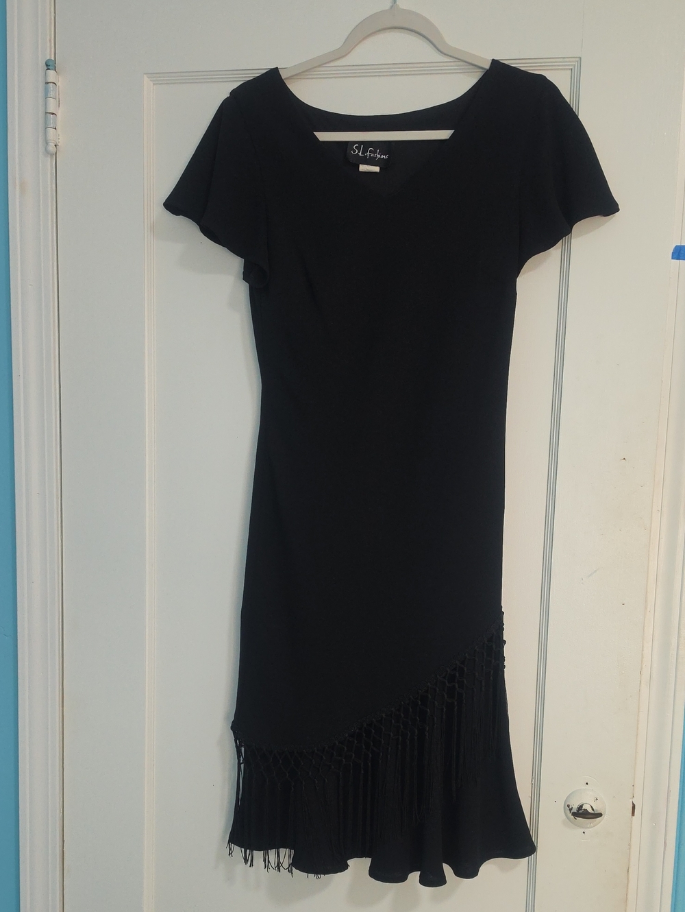 S.L. Fashions Black Fringe Midi Dress Size 8 Like New